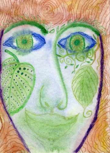 Aquarellgemälde eines Gesichts aus pflanzlichen Elementen auf hellblauem Hintergrund, umrahmt von einem violetten Umriss und einer Holzstruktur. Das Gesicht hat blaue Augen mit grünen Iris, Blätter als Wangen, einen grünen Mund und eine Krone aus Blättern. Zusätzliche Ranken und Blätter sorgen für eine natürliche und organische Ästhetik. Watercolor painting of a face composed of plant elements on a light blue background, framed by a purple outline, and a wooden texture. The face features blue eyes with green irises, leaves as cheeks, a green mouth, and a crown of leaves. Additional vines and leaves are incorporated, creating a natural and organic aesthetic.