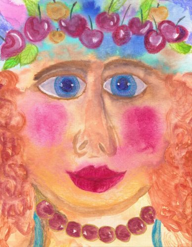 Aquarellgemälde einer lächelnden Person mit lockigem rotbraunem Haar, großen blauen Augen, leuchtend rosa Wangen und vollen roten Lippen. Sie trägt eine Krone aus dunkelroten Kirschen und kleinen grünen Blättern sowie eine Halskette aus dunkelroten Perlen. Der Hintergrund ist eine Mischung aus zartrosa, blauen und gelben Farbtönen. Das Bild ist eine Nahaufnahme des Gesichts der Person. Watercolor painting of a smiling person with curly auburn hair, large blue eyes, bright pink blush, and full red lips. She wears a cherry crown of dark red cherries and small green leaves, as well as a beaded necklace of dark red beads. The background is a mix of pale pink, blue, and yellow washes. The image is a close-up of the subject's face.