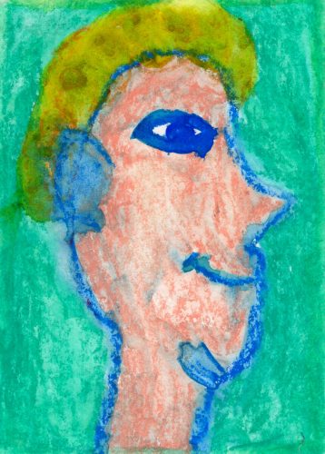 Aquarell eines nach rechts gerichteten Personenprofils mit einem blassroten, blau umrandeten Gesicht, einem blauen Auge und einer gelbgrünen Kopfbedeckung vor einem grünen Hintergrund. Das Gesicht hat eine markante Nase und einen angedeuteten, blau umrandeten Mund. Das Gemälde hat eine raue, strukturierte Oberfläche mit sichtbaren Pinselstrichen und Farbvariationen Watercolor painting of a person's profile facing right, with a pale red face outlined in blue, a blue eye, and a yellow-green head covering against a green background. The face has a prominent nose and a hint of a mouth outlined in blue. The painting has a rough, textured appearance with visible brushstrokes and color variations.