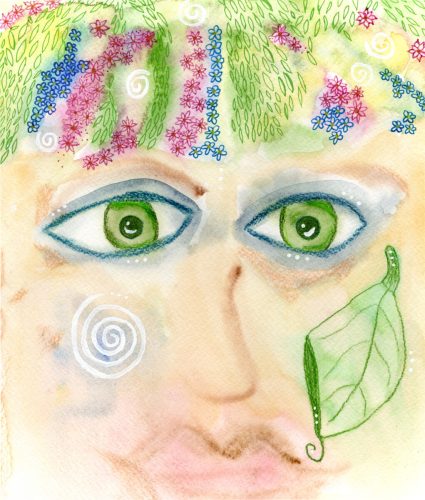 Aquarellgemälde eines Gesichts von der Nase aufwärts, das ein Fantasie- oder Naturmotiv darstellt. Die Augen sind groß, mandelförmig und leuchtend grün, umrandet von hellblauen und grauen Farbtönen. Die Iris hat einen dunkelgrünen Mittelpunkt. Das Gesicht hat einen hellen Teint mit zartrosa Schattierungen auf Nase und Lippen. Die Stirn ist mit einer Krone oder einem Kopfschmuck aus grünen, blattähnlichen Formen und rosa und blauen Blumen verziert, dazwischen befinden sich weiße Wirbelmuster. Unter dem rechten Auge befindet sich ein grünes Blatt und auf der linken Wange eine weiße Spirale. Der Stil ist weich und verspielt. Watercolor painting of a person's face from the nose up, depicting a fantasy or nature-inspired theme. The eyes are large, almond-shaped, and a vibrant green, outlined with a light blue and grey color. The irises have darker green centers. The face has a light skin tone with soft pink shading on the nose and lips. The forehead is decorated with a crown or headpiece of green leaf-like shapes and pink and blue flowers, with white swirl designs in between. A green leaf is situated below the right eye, and a white spiral on the left cheek. The style is soft and whimsical.