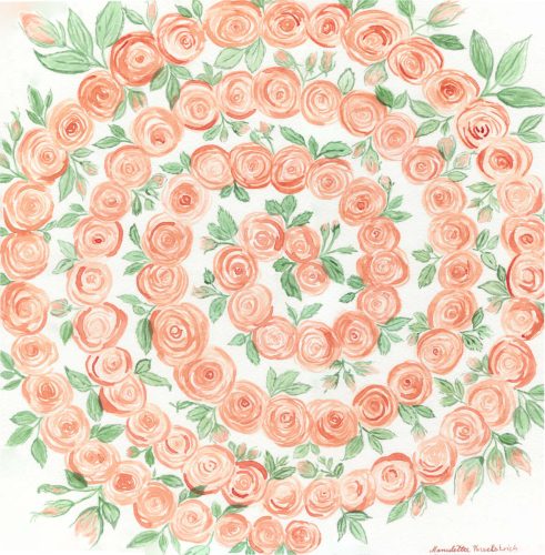 Apricotfarbene Rosenblüten mit grünen Blättern sind in einer Spirale angeordnet. Die Blüten sind stilisiert und aquarellartig gemalt, der Hintergrund ist hell und leicht grünlich getönt. Die Komposition wirkt luftig und symmetrisch.