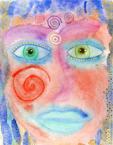 Aquarellgemälde eines stilisierten Gesichts, dessen zentrales Motiv ein Gesicht mit zwei großen, ausdrucksstarken Augen ist. Die Augen sind türkis mit grünen Iris. Das Gesicht ist pfirsichfarben mit einem hellblauen Mund und einer roten Spirale auf einer Seite. Über den Augen befinden sich mehrere Spiralen in verschiedenen Farben. Der Hintergrund ist mit blauen und goldenen Wirbeln verziert. Watercolor painting of a stylized face, featuring a central design of a face with two large, expressive eyes. The eyes are turquoise with green irises. The face is a peach color with a light blue mouth, red spiral on one side. Above the eyes, there are several spiral shapes in different colors. The background has blue and gold swirls.