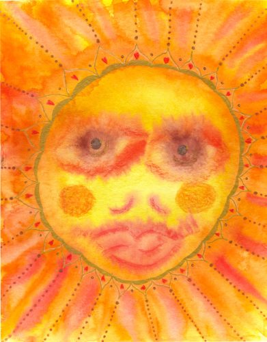 Aquarellgemälde eines lächelnden Sonnengesichts mit gelbem Zentrum, orangefarbenen und roten Strahlen und einem dekorativen Rand aus grünen und roten Herzen. Die Sonne hat braune Augen, rosige Wangen und rote Lippen, wobei jeder Strahl mit kleinen braunen Punkten umrandet ist. Watercolor painting of a smiling sun face with a yellow center, orange and red rays, and a decorative border of green and red hearts. The sun has brown eyes, rosy cheeks, and red lips, with each ray outlined in small brown dots.